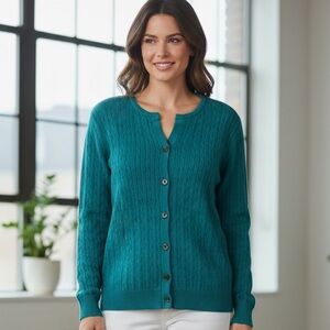 KIM ROGERS TEAL GREEN CABLE KNIT BUTTON FRONT CARDIGAN Size L Preppy Casual